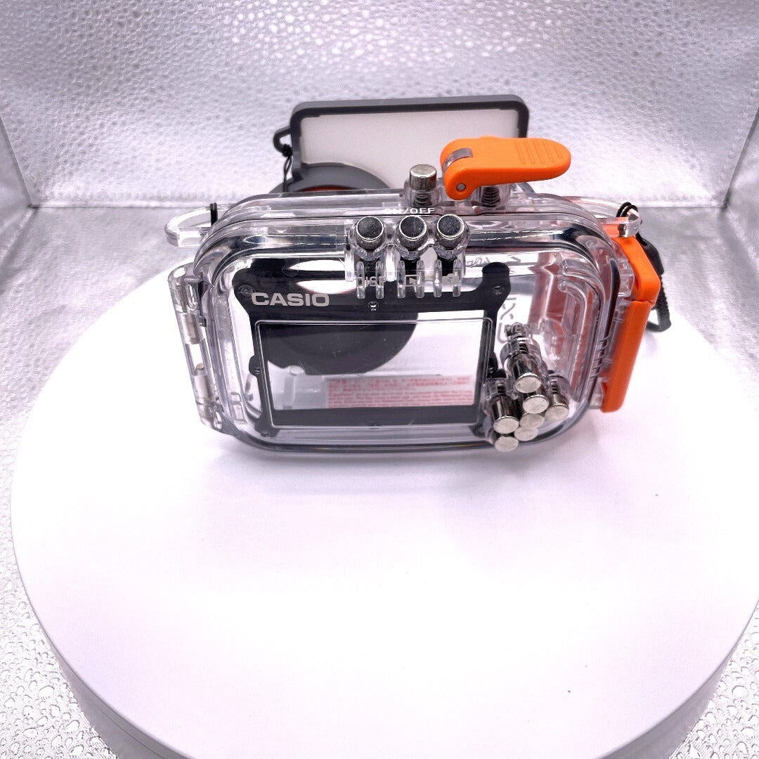 EXILIM 40mm/130ft Waterproof Case EWC-80 CASIO Underwater Camera Case back view with buttons and LED screen opening