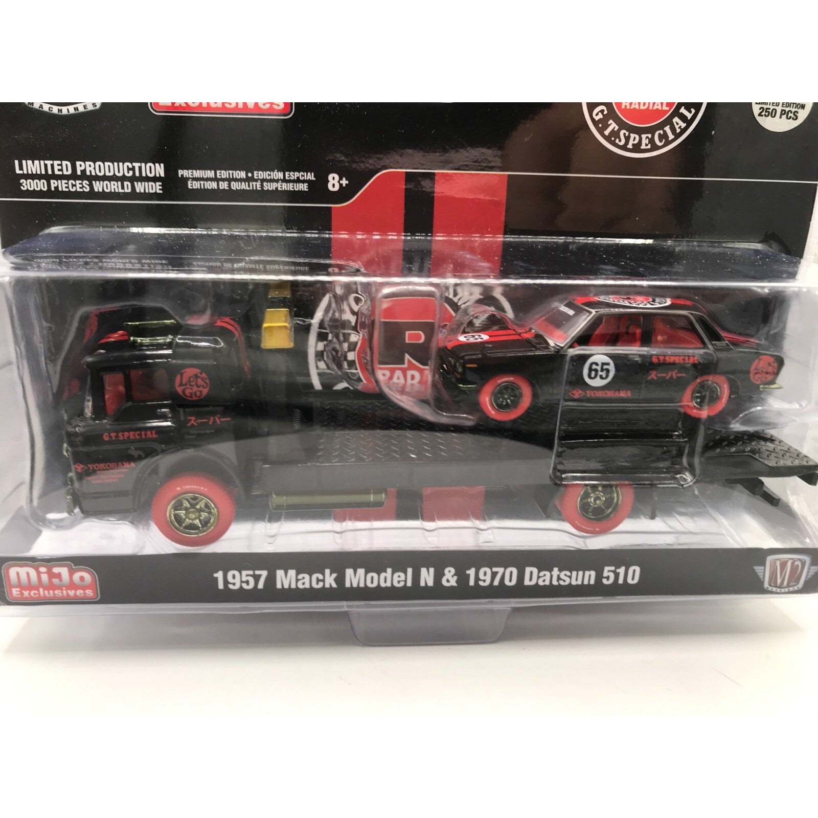 Chase Piece M2 Yokohama G.T. Special 250pcs Limited Edition - 1957 Mack Model N &amp; 1970 Datsun 510 front of package displaying cars closeup