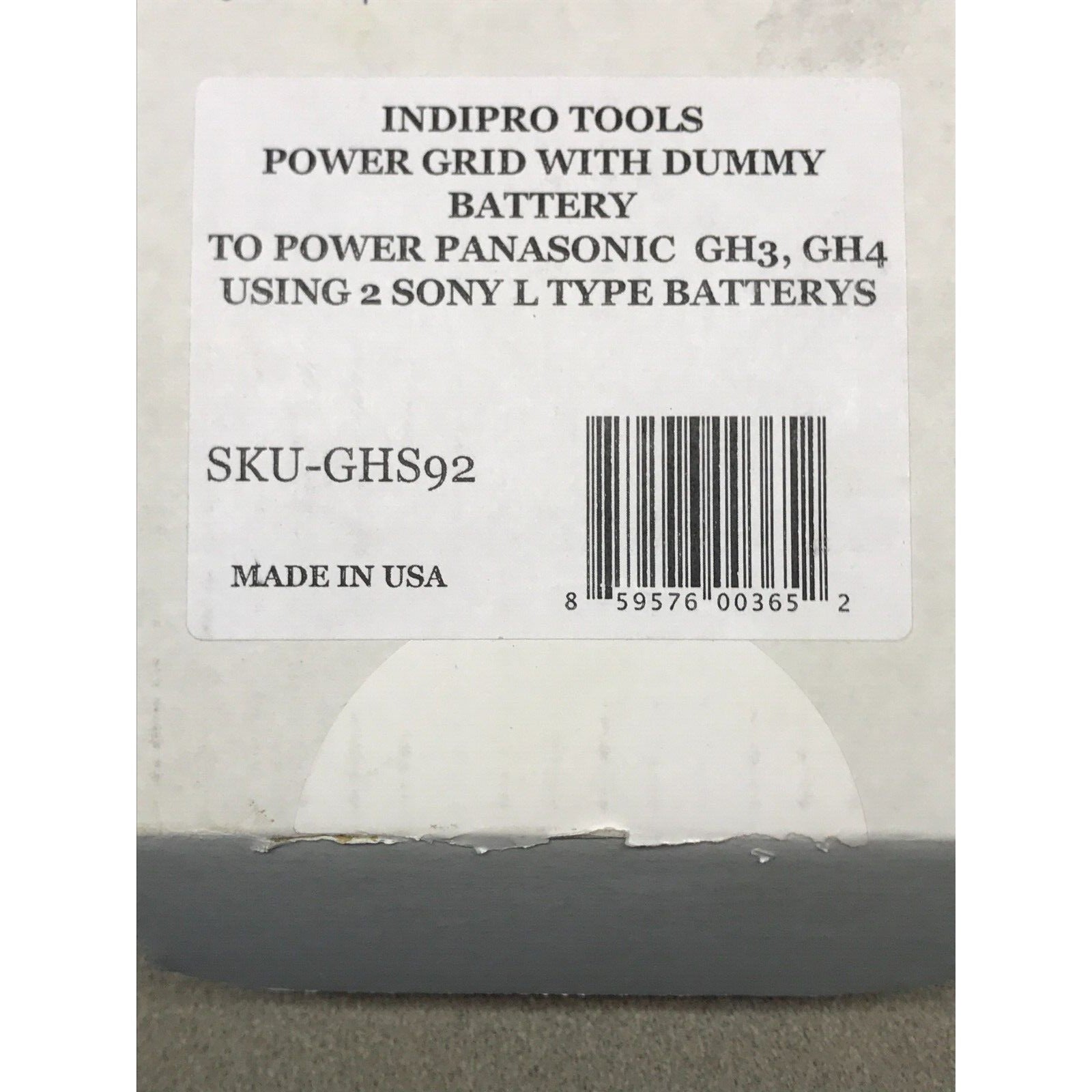Indipro Power Grid with Dummy Battery to Power Panasonic GH3 GH4 using2 Sony L type Batteries product label