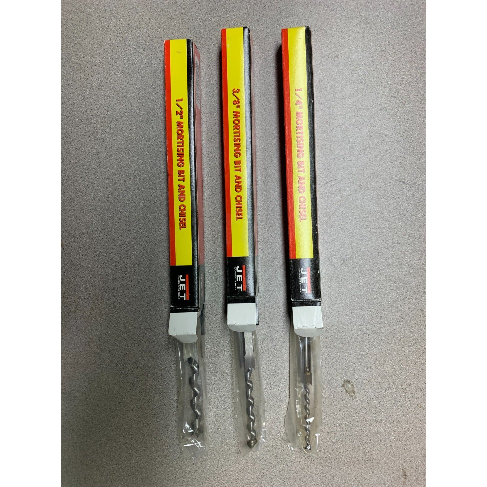 3 JET Mortising Bit and Chisel - Includes 1/4", 3/8", and 1/2" Bits
side of box, open with bits displayed side by side