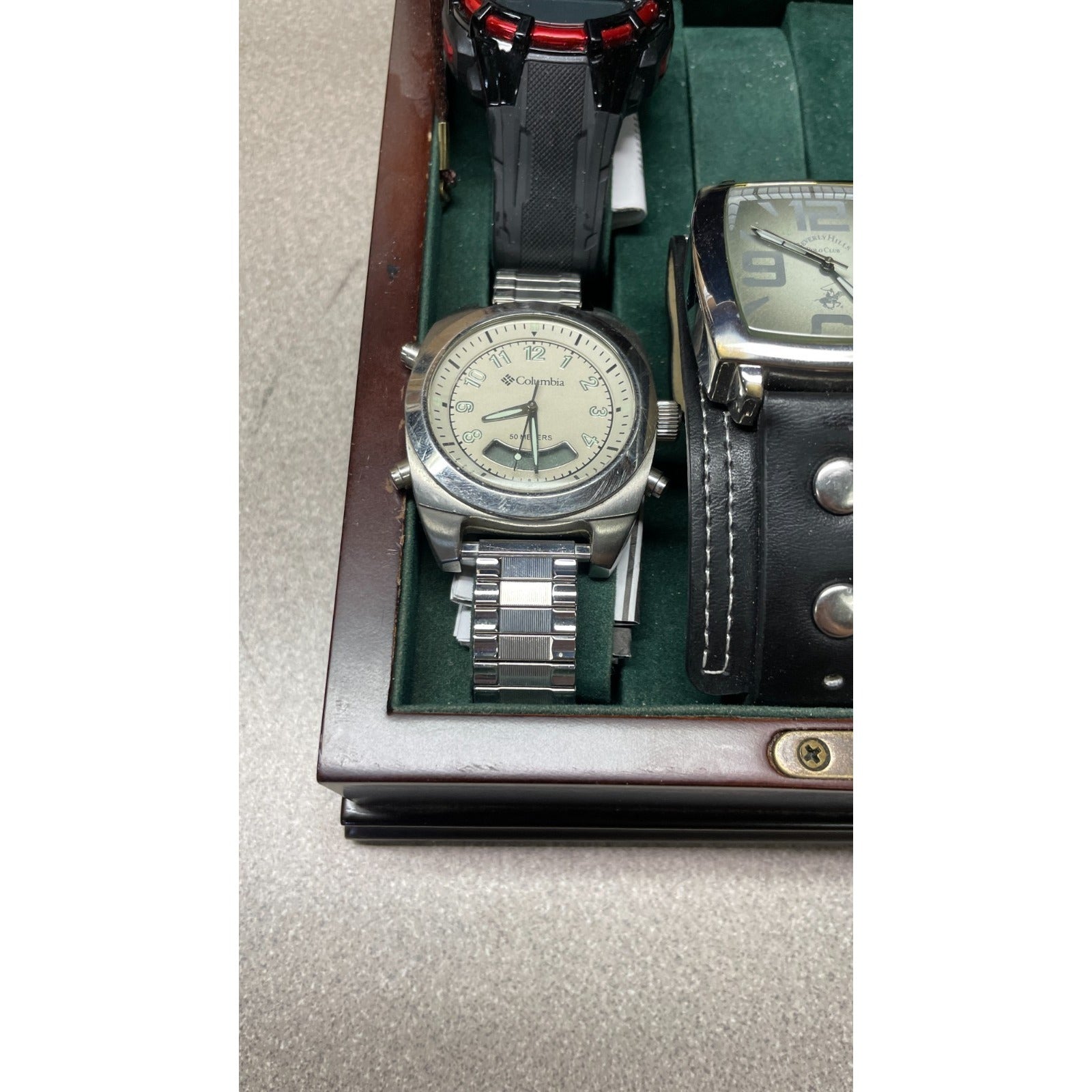 2 closeup of 000 Bombay Company Jewelry Watch Box Mahogany Wood with Keys, Watches INCLUDED closeup of Columbia watch