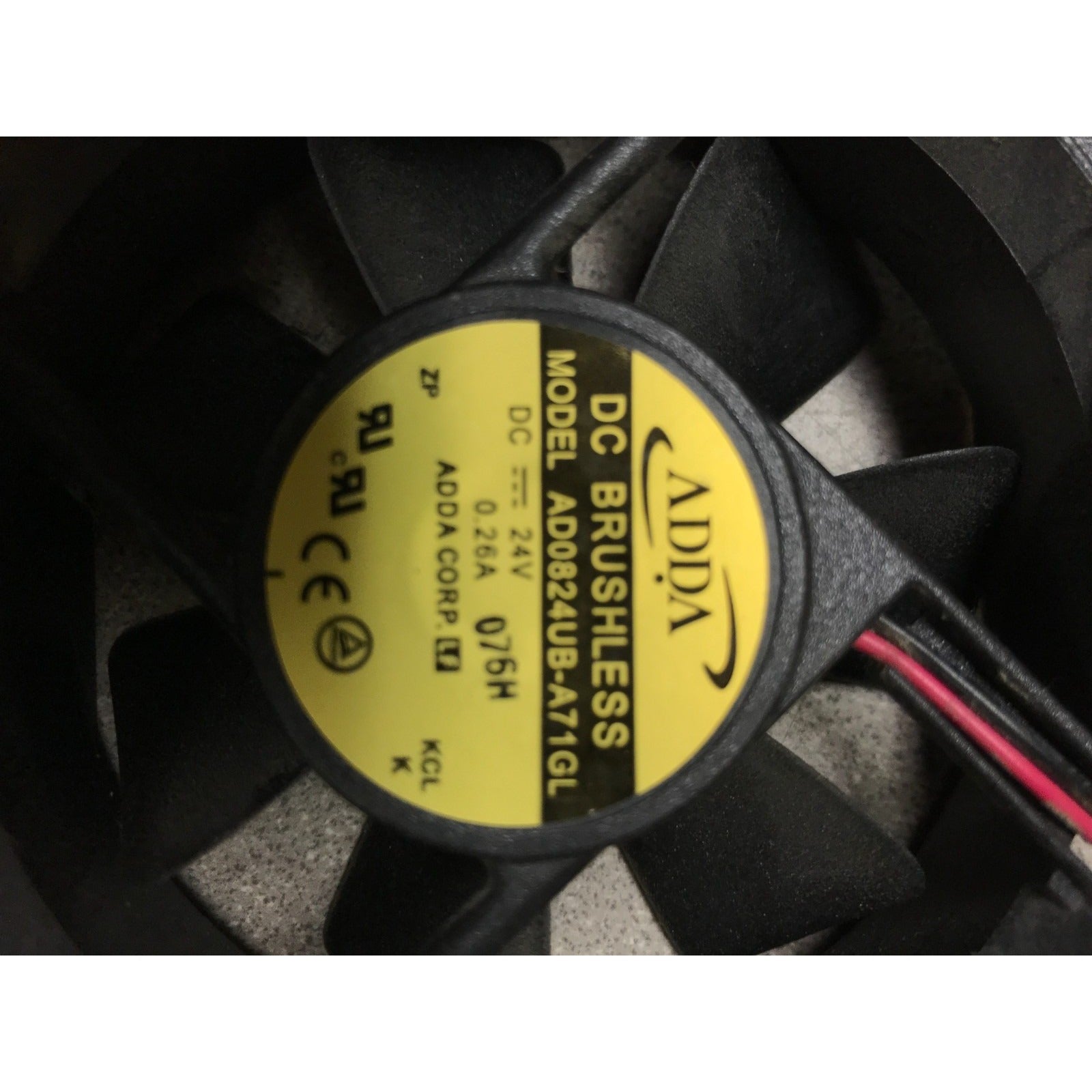 DC Brushless 2 Wire Fan ADDA AD0824UB-A71GL 12VDC closeup of product label