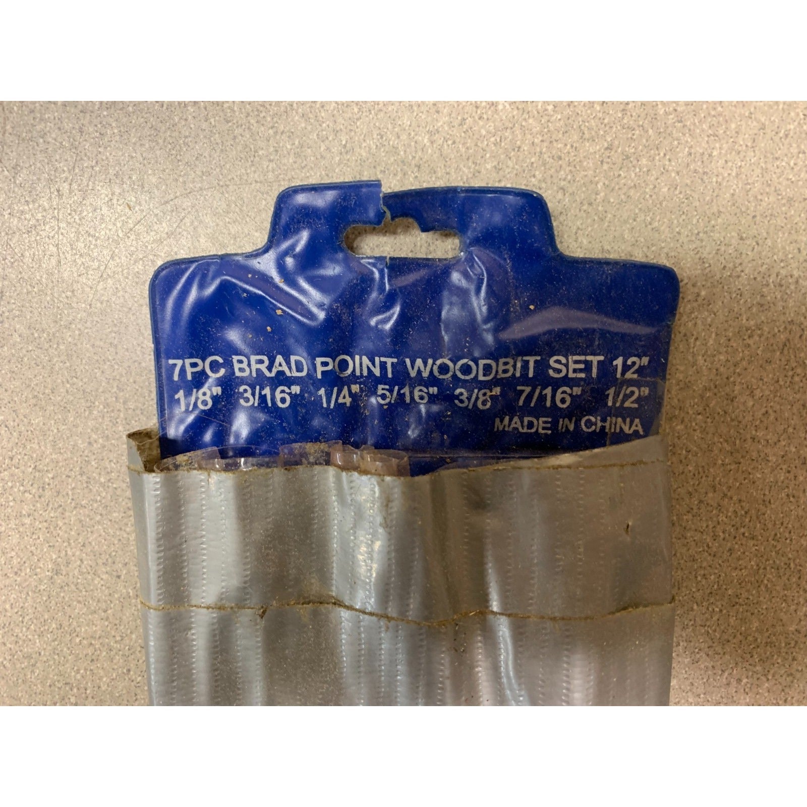 7pc 12" Brad Point Wood Bit Set closeup of package top with product details 