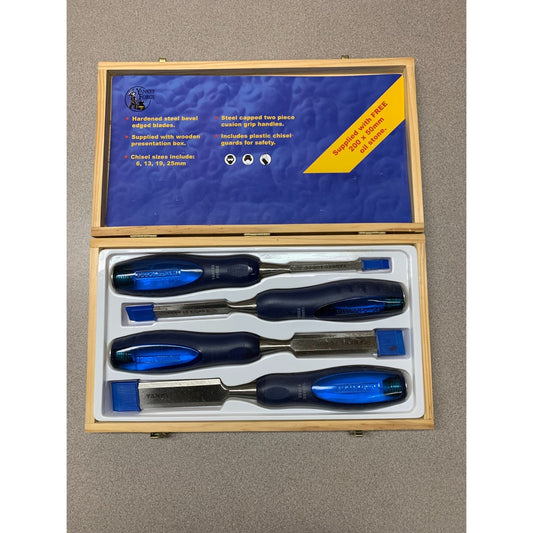 4pc Wood Chisel Set Yankee Forge - Includes sizes 1/4", 1/2", 3/4", 1" open box displaying chisels