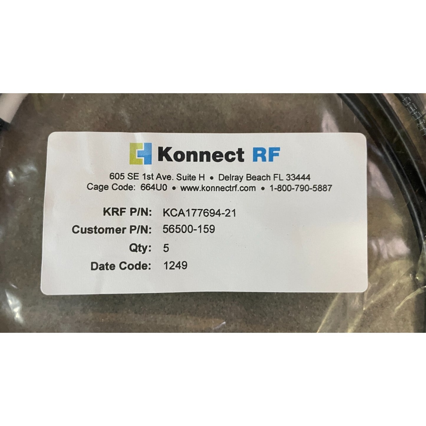 Konnect RF KCA177694-21, Lot of 5, BNC Male to BNC Male connectors closeup of product label 