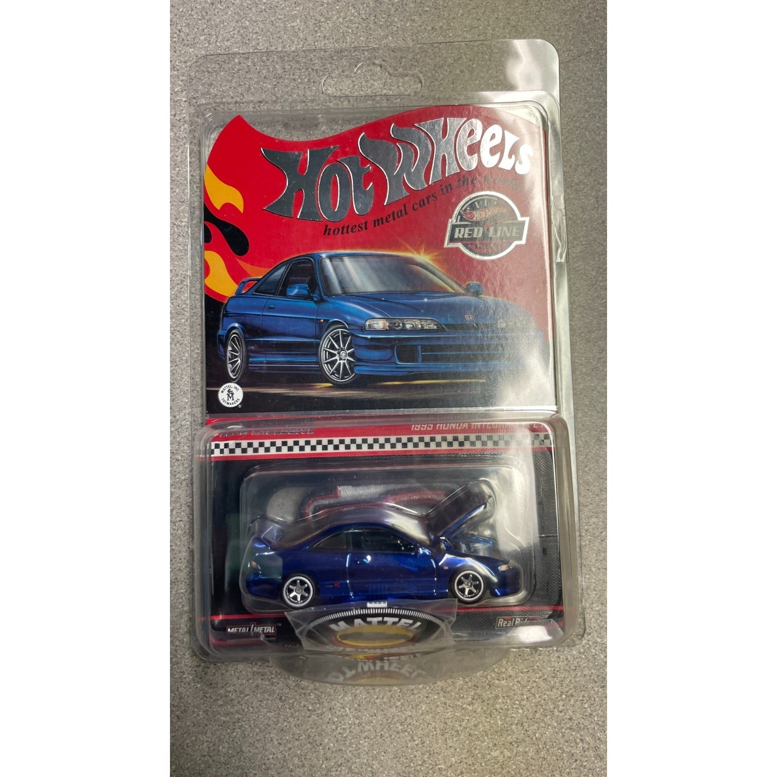 Hot Wheels 1995 Honda Integra Type R - Red Line Club Exclusive front of package car displayed with open hood