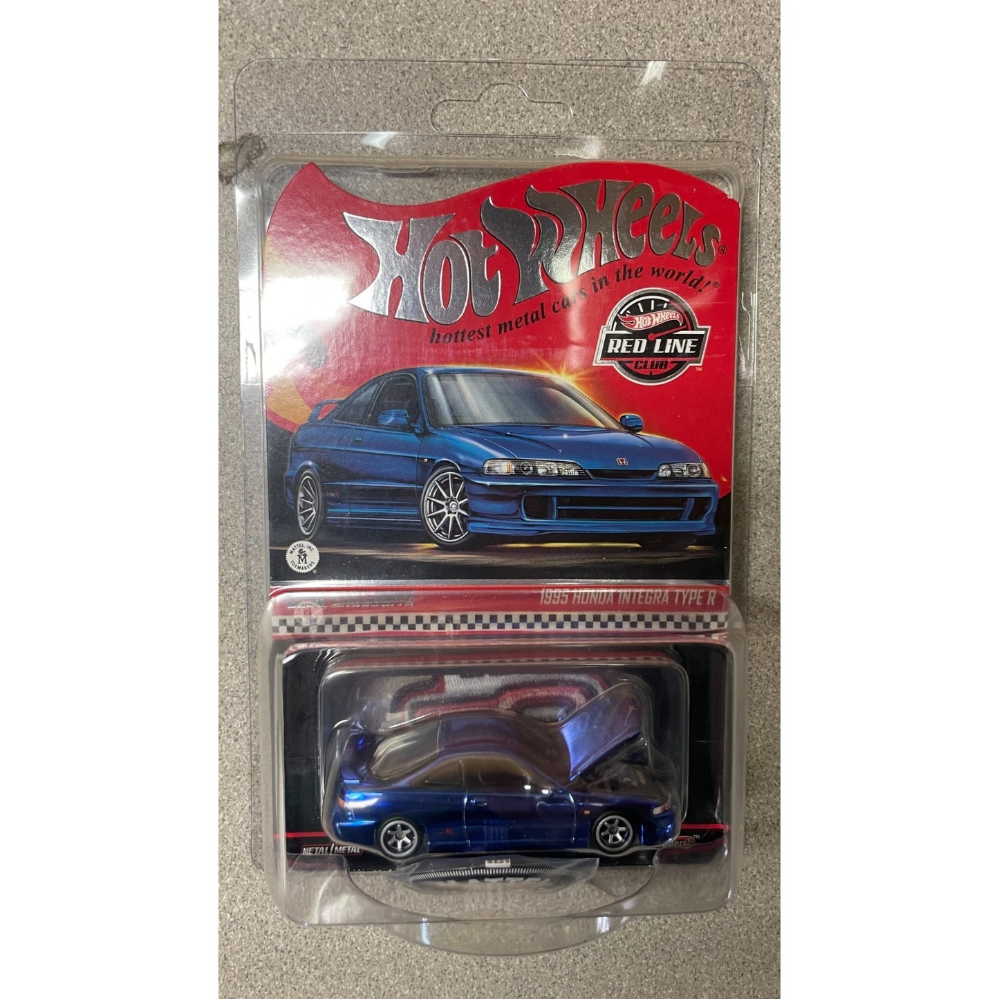 Hot Wheels 1995 Honda Integra Type R - Red Line Club Exclusive front of package car visible with open hood