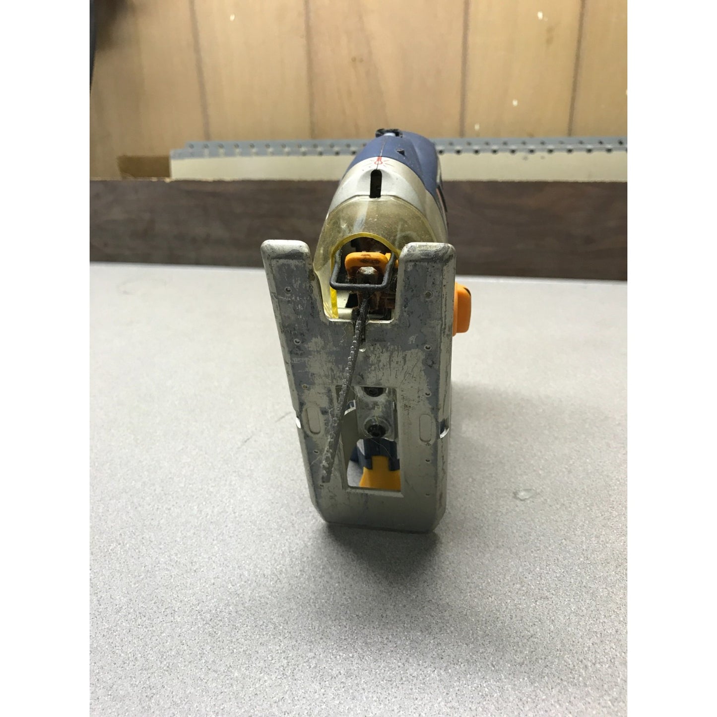 RYOBI P521 18v (40mm) Jigsaw under side view of jigsaw with blade installed