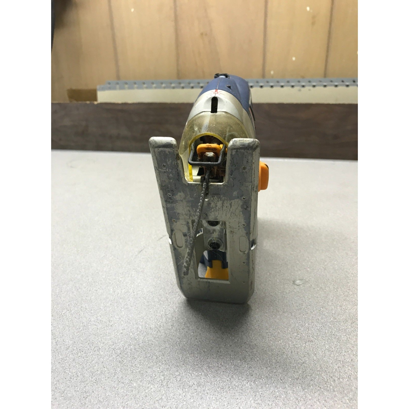 RYOBI P521 18v (40mm) Jigsaw under side view of jigsaw with blade installed