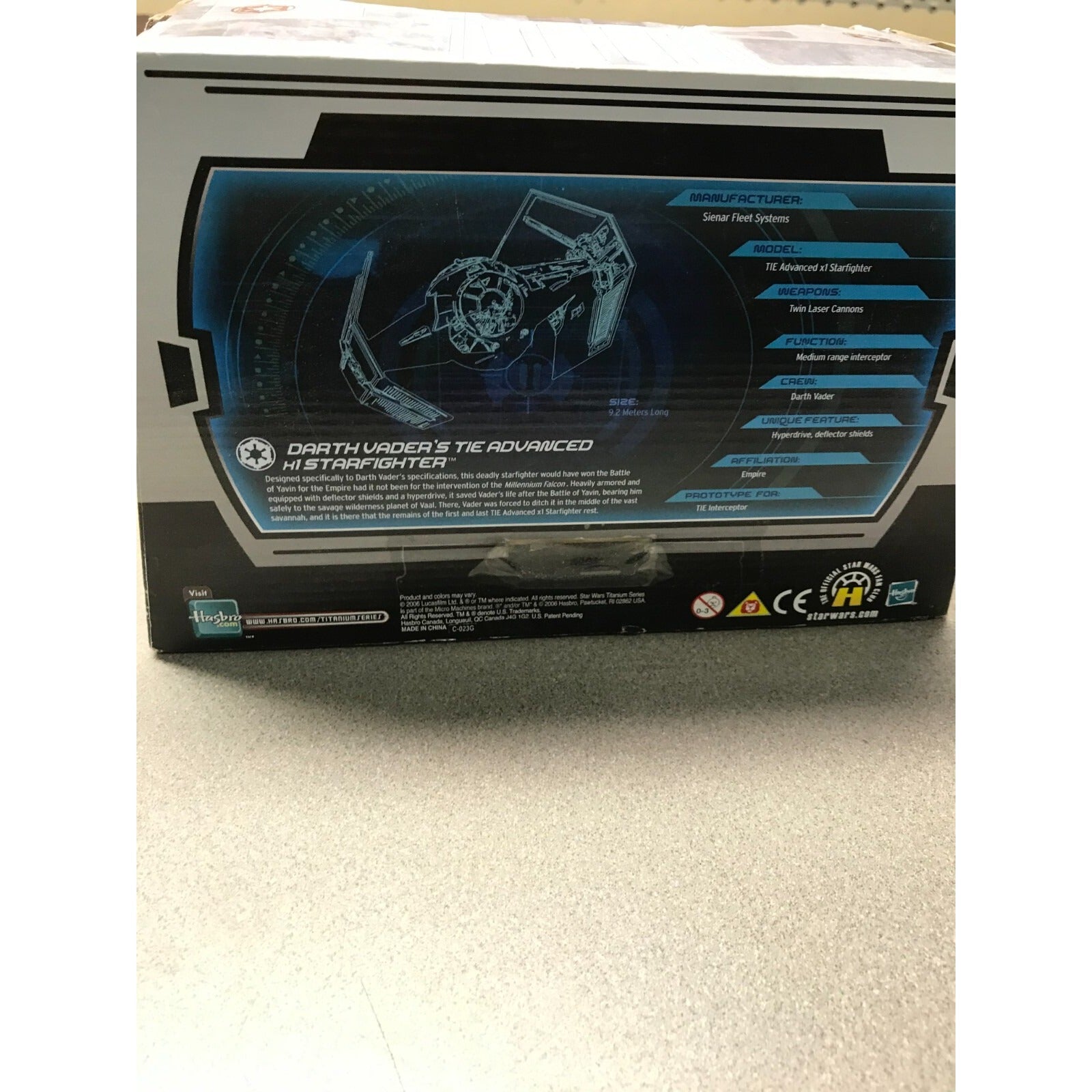 Star Wars Titanium Series Die Cast Darth Vader's StarFighter with Display Case back of package item details