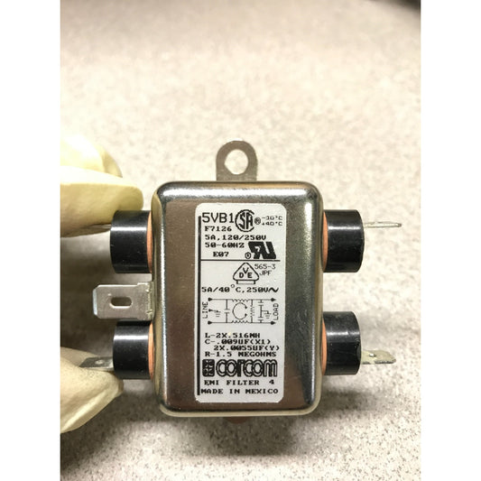 5VB1 Corcom EMI Line Filter 5A 120/250V 50-60Hz top view with product  label and wiring diagram