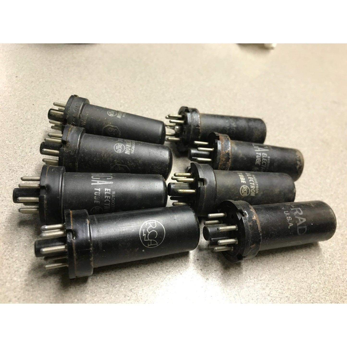 Lot of 8 - 6V6 Vacuum Tubes (7 RCA Radiotron and one KEN-RAD) side view