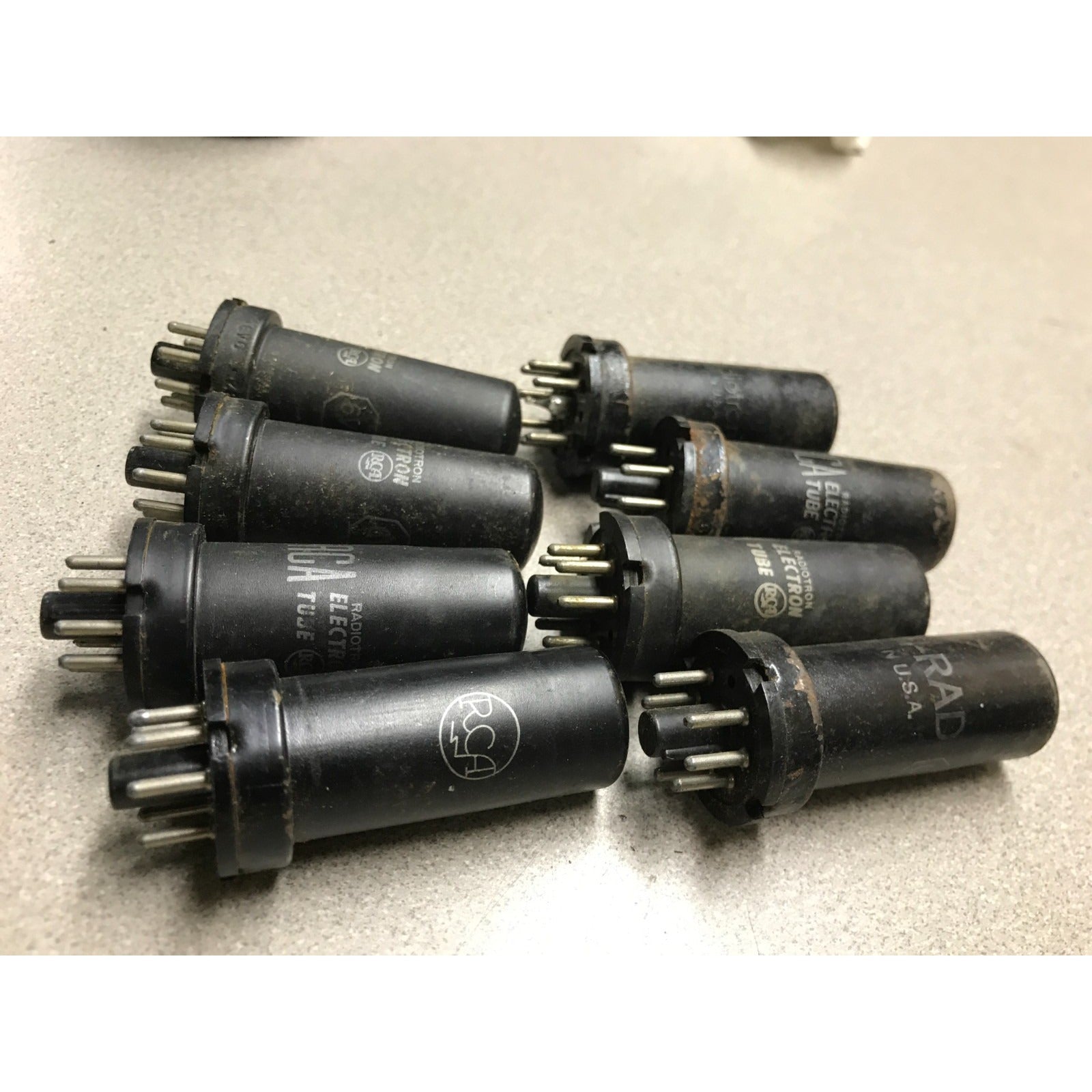 Lot of 8 - 6V6 Vacuum Tubes (7 RCA Radiotron and one KEN-RAD) side view