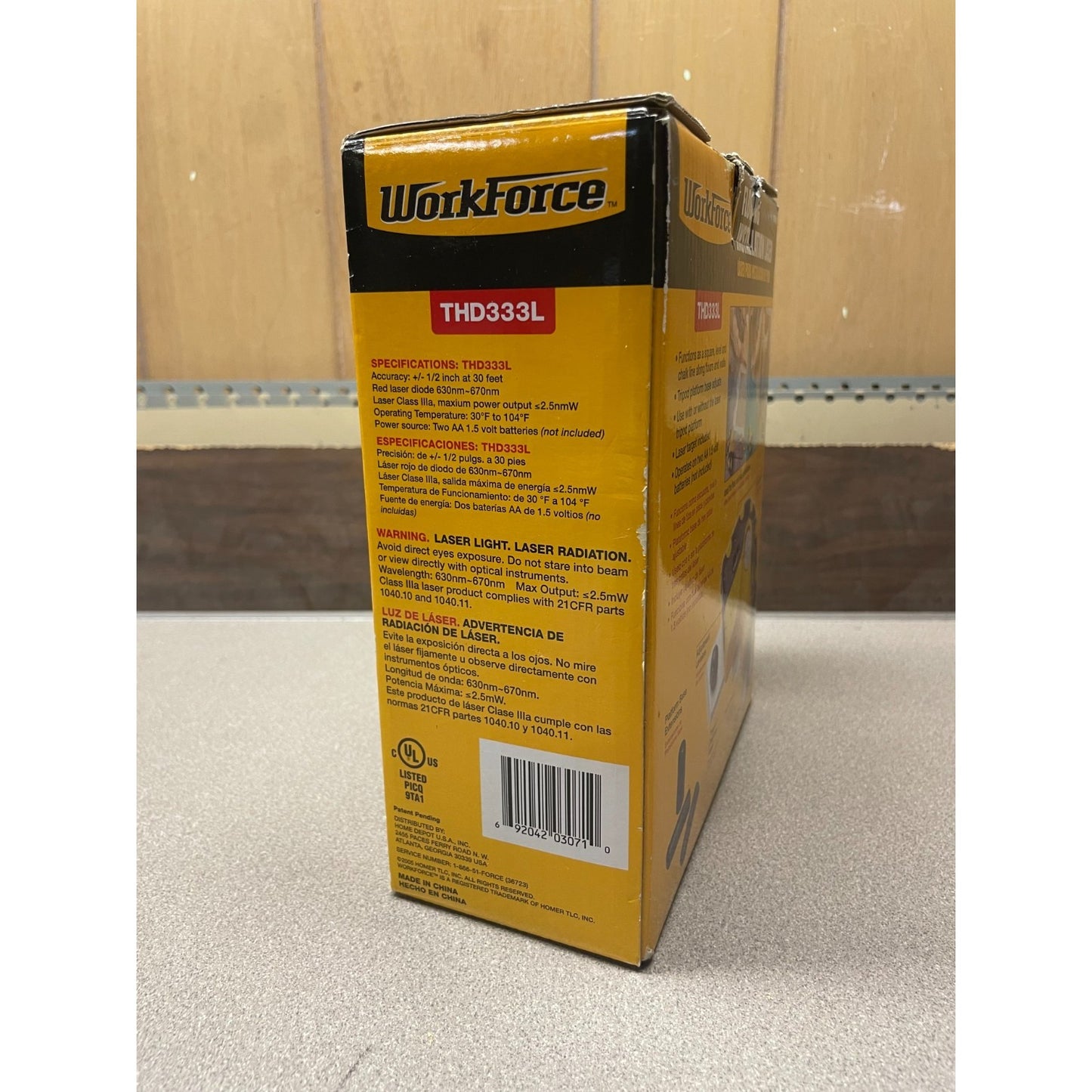 Workforce Flooring Installation Laser, THD33L, 234941 side of box with item details