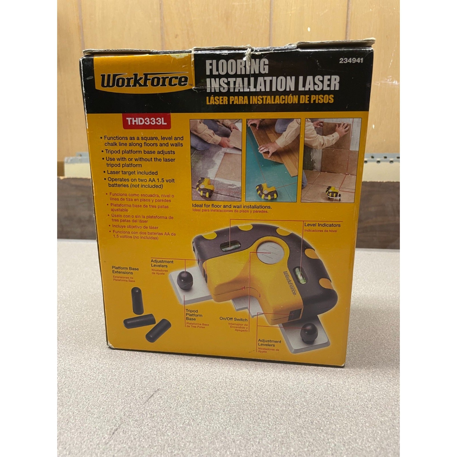 Workforce Flooring Installation Laser, THD33L, 234941 back of box product images and use instructions
