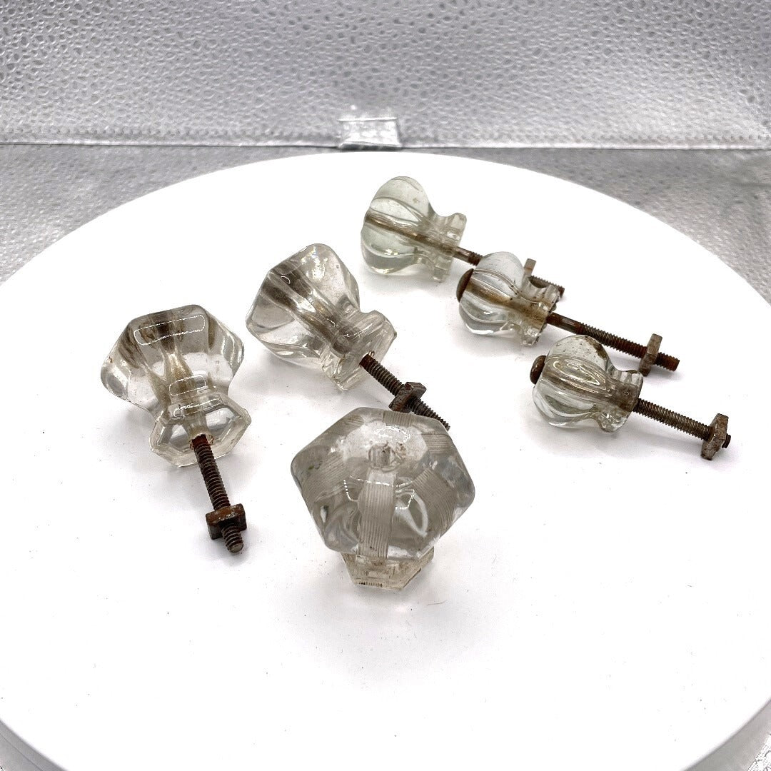 Antique Clear Dresser Knobs - Lot of 6 side and top view