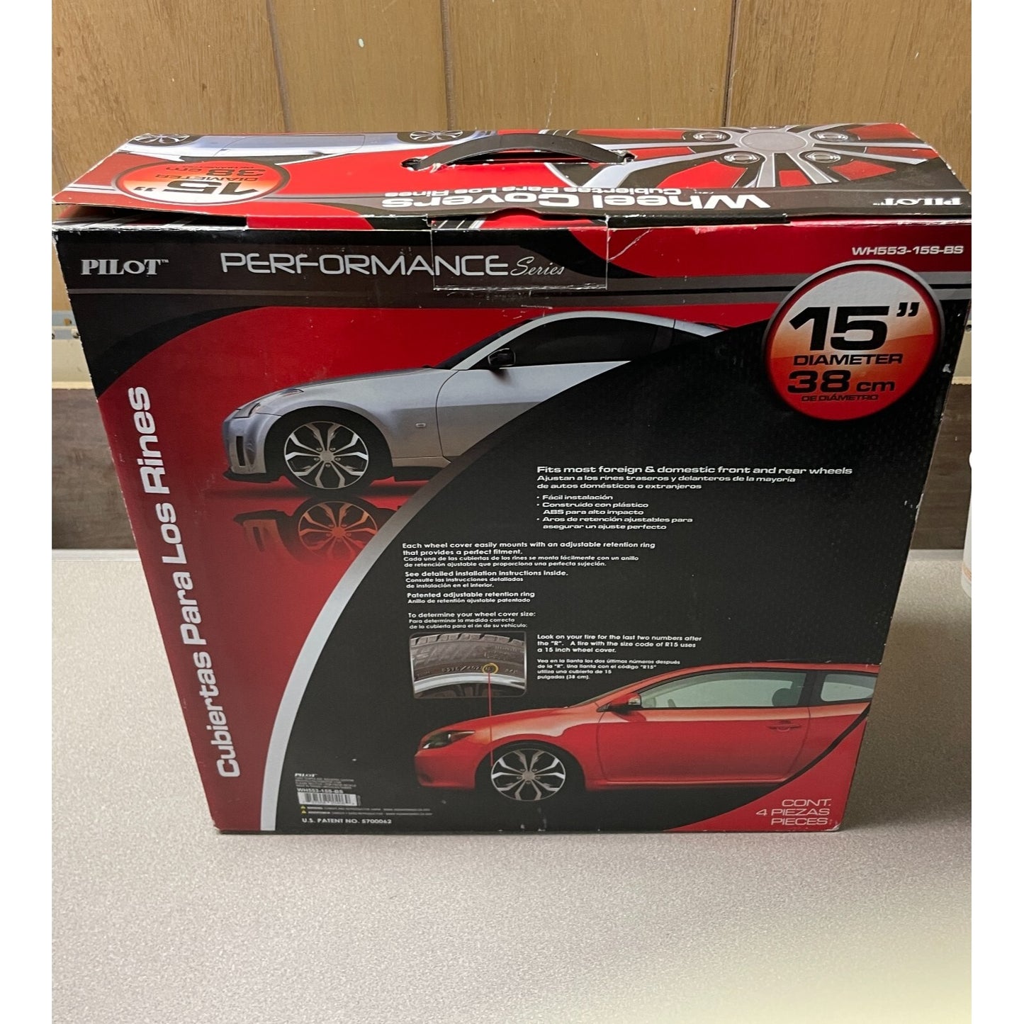 Pilot Performance Series 15 in diameter Wheel Covers lot of 4 WH553-15S-BS full view of back of package with item details