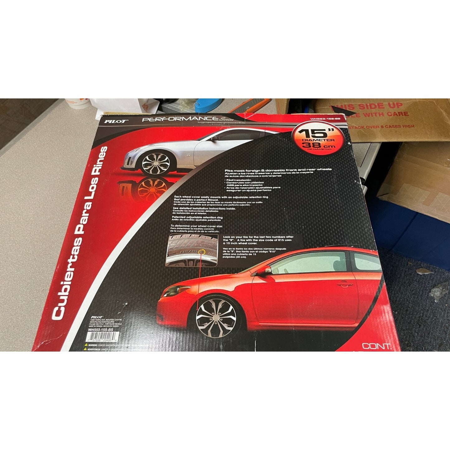 Pilot Performance Series 15 in diameter Wheel Covers lot of 4 WH553-15S-BS back of box with item details
