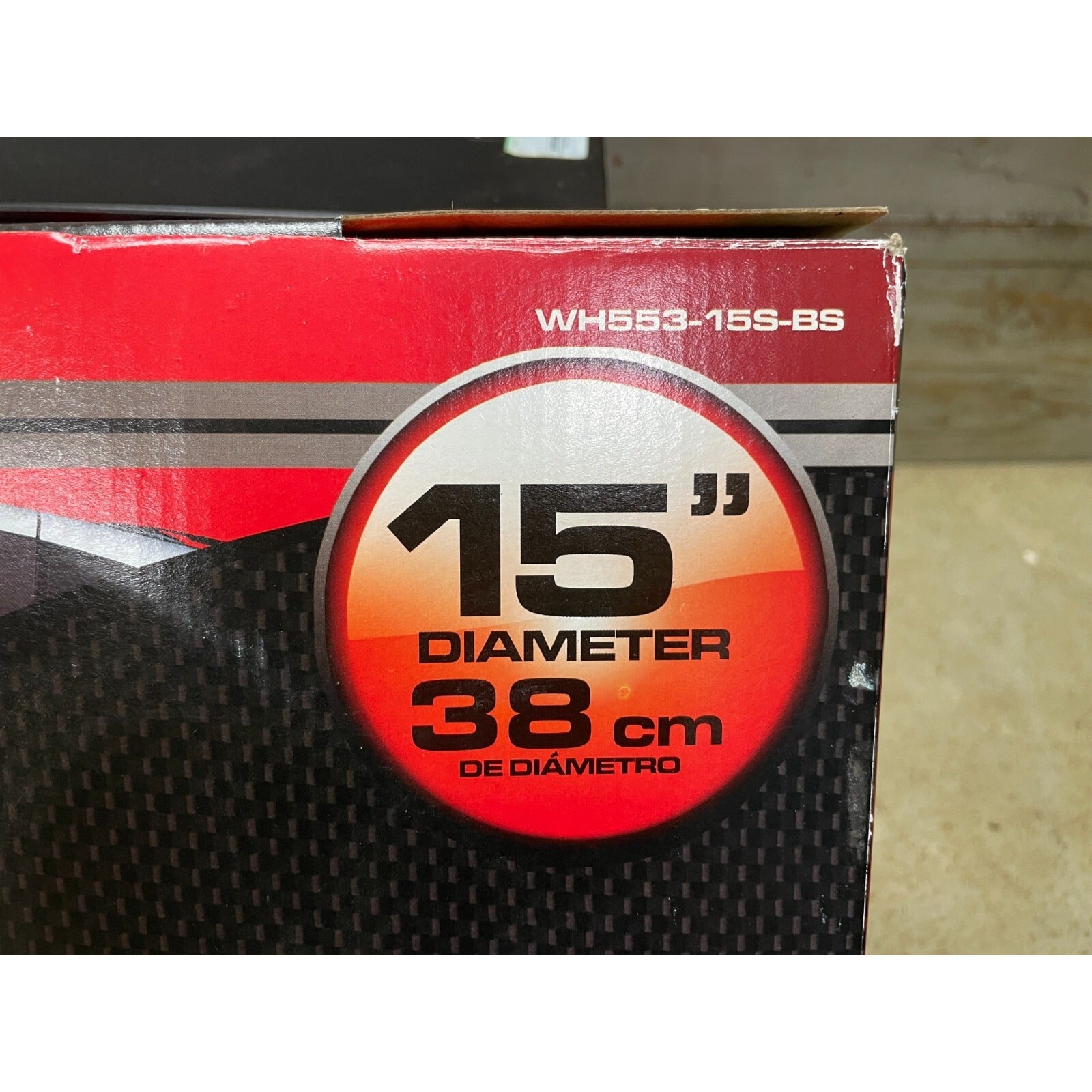 Box with a 15-inch diameter label on a red and black background