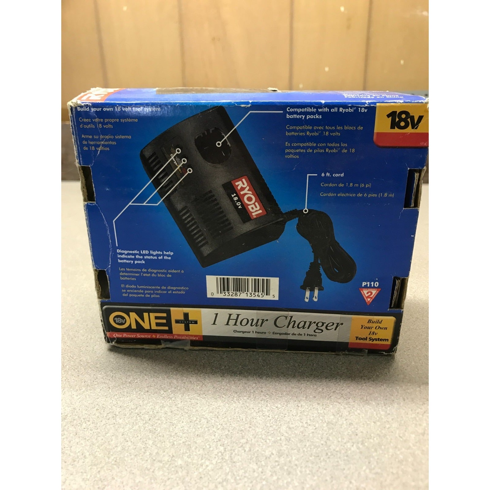 RYOBI One+ 18v Battery Charging Station, P110 with Original Box back of box charger details