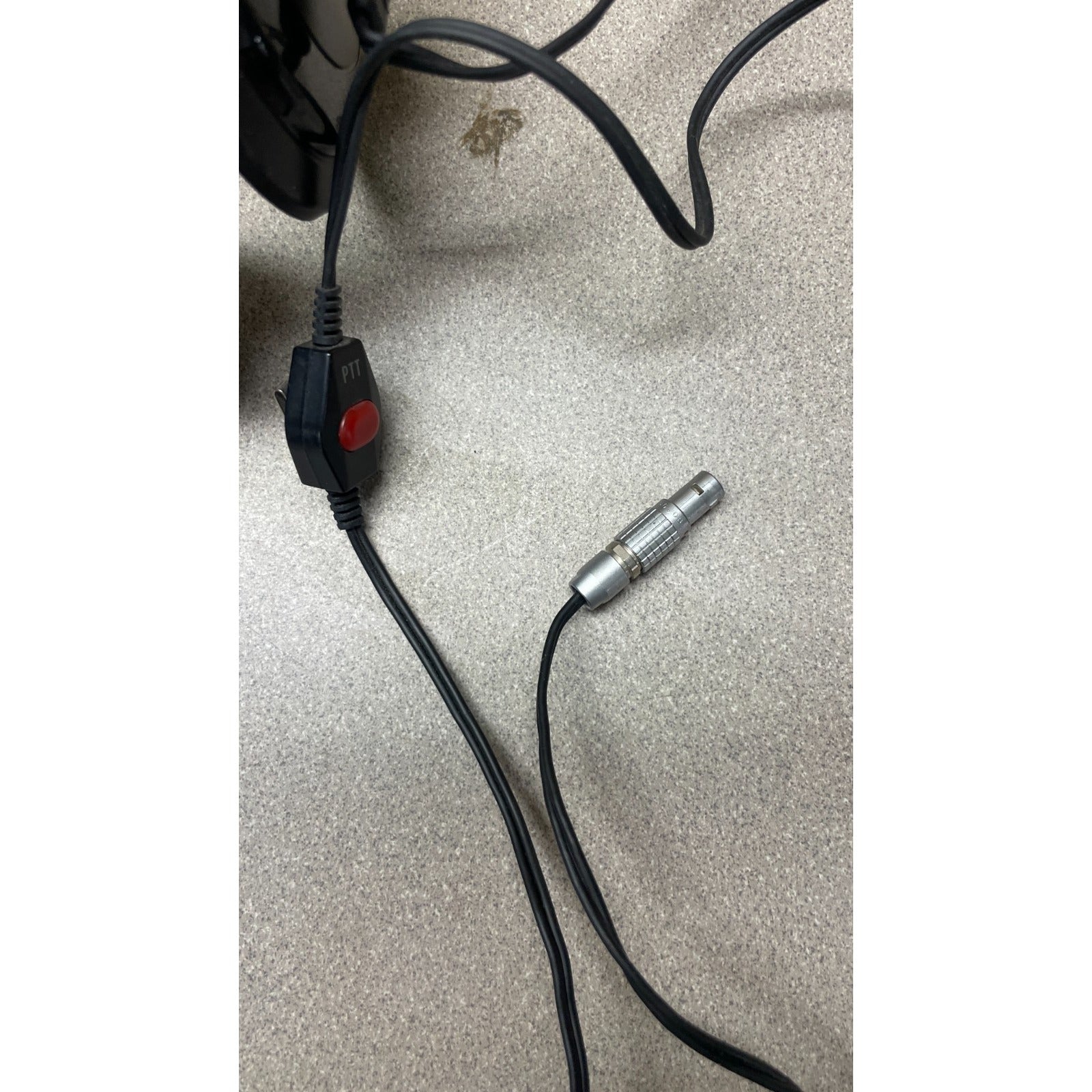 Ritron Headset with LEMO Connector and PTT (Push To Talk) PTT button and LEMO connector closeup