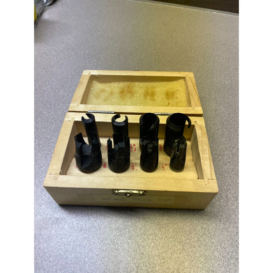 8 Piece Wood Plug Cutter Set 1/4" - 1/2" In Wooden Case top/side view of cutters in wooden case