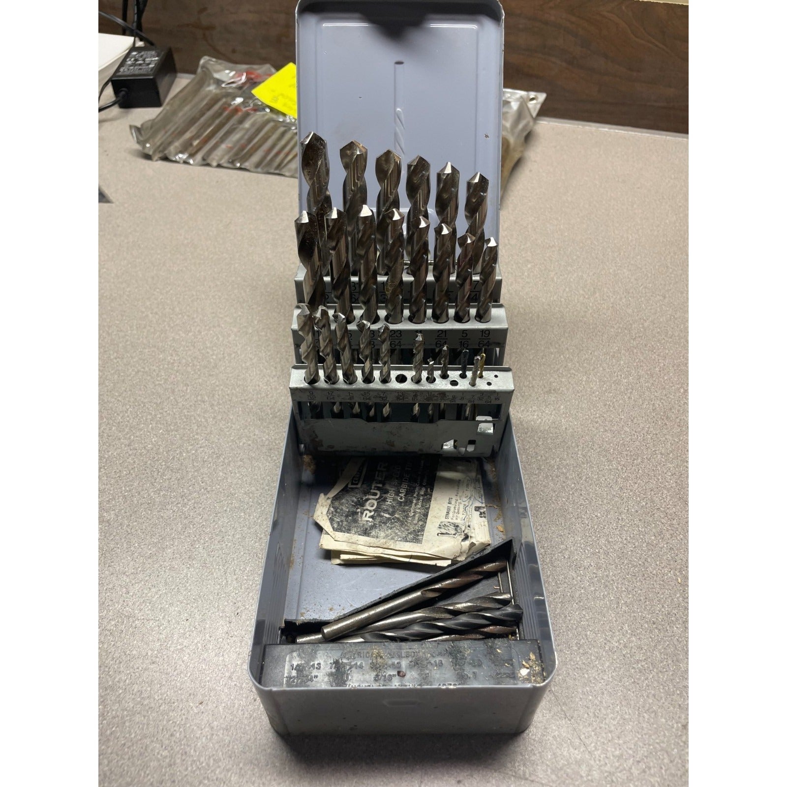 Vintage 1/16" - 1/2" Drill Bit Set in Metal Box, Not Complete drill bits displayed in case