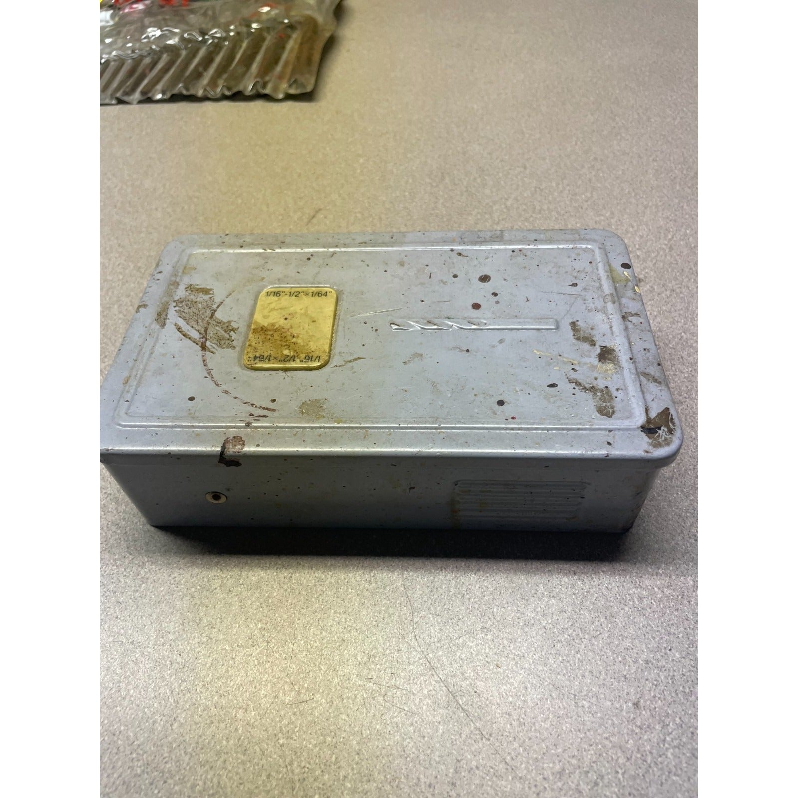 Vintage 1/16" - 1/2" Drill Bit Set in Metal Box, Not Complete top of metal box