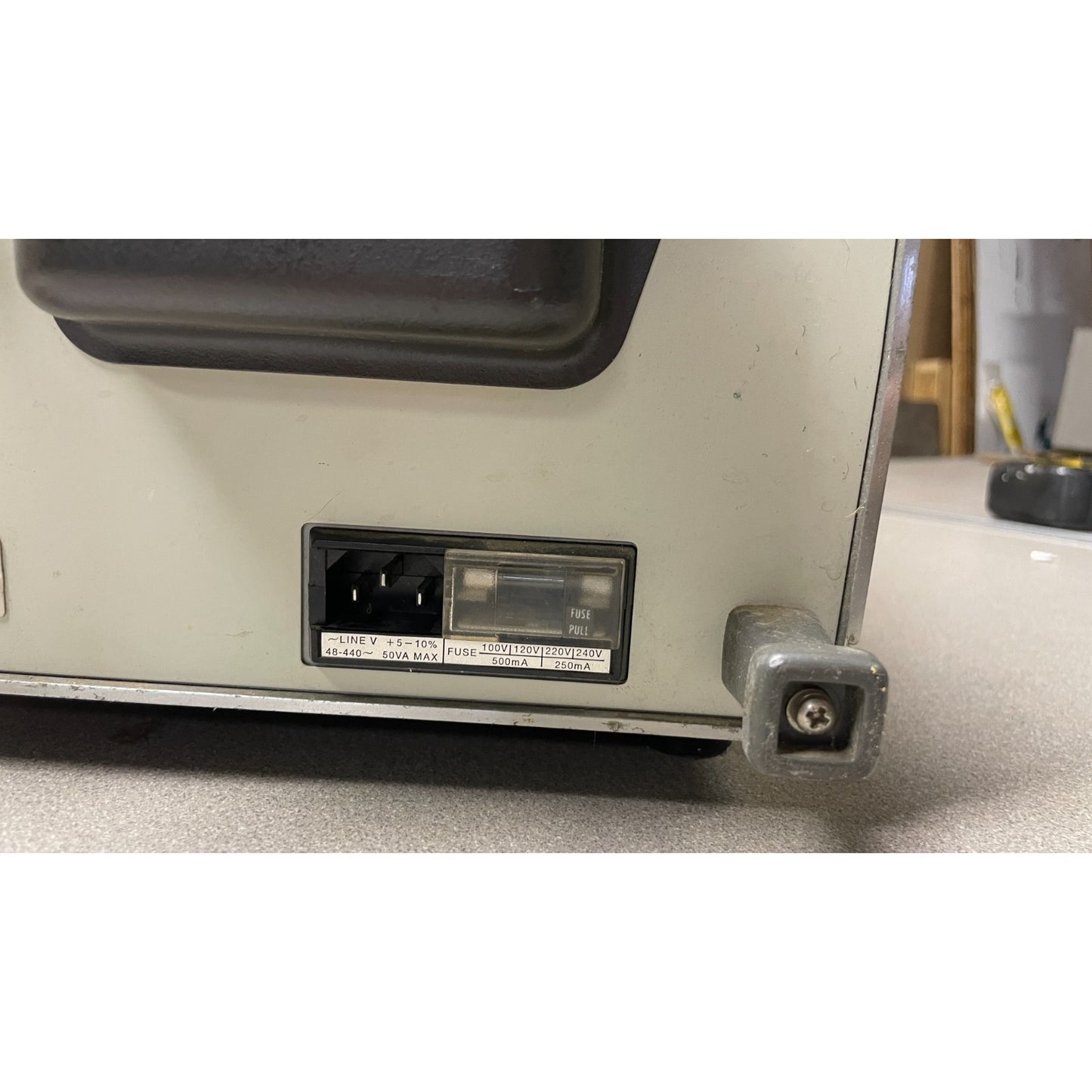 HP 3580A Spectrum Analyzer closeup of back panel power outlet