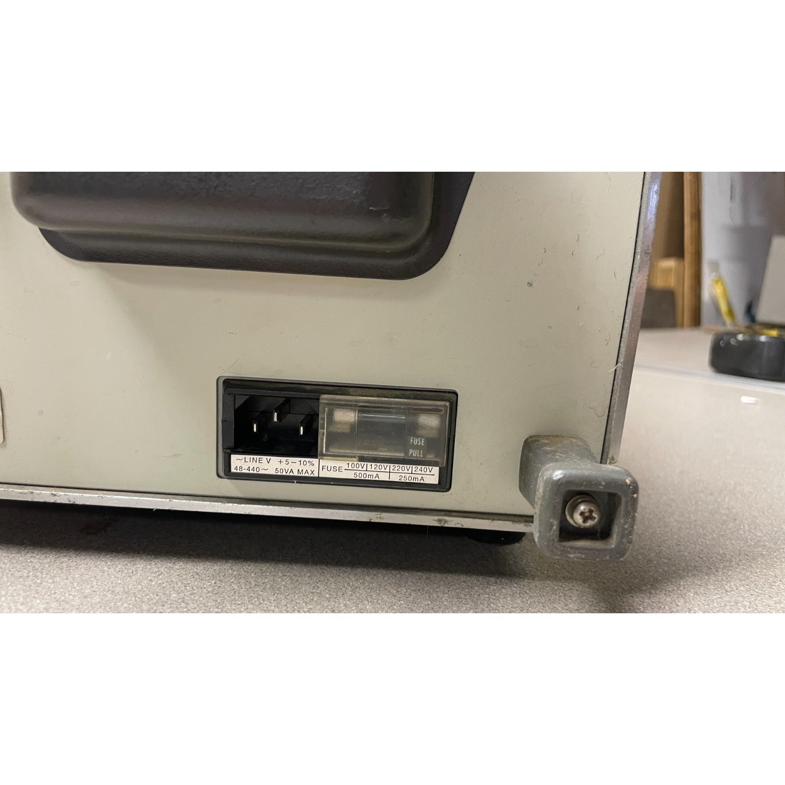 HP 3580A Spectrum Analyzer closeup of back panel power outlet