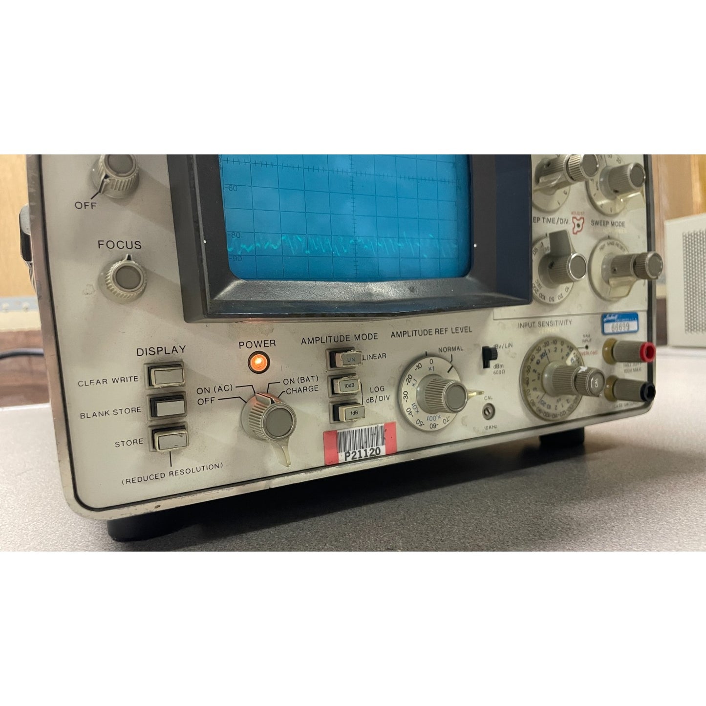 HP 3580A Spectrum Analyzer closeup of bottom front panel powered on