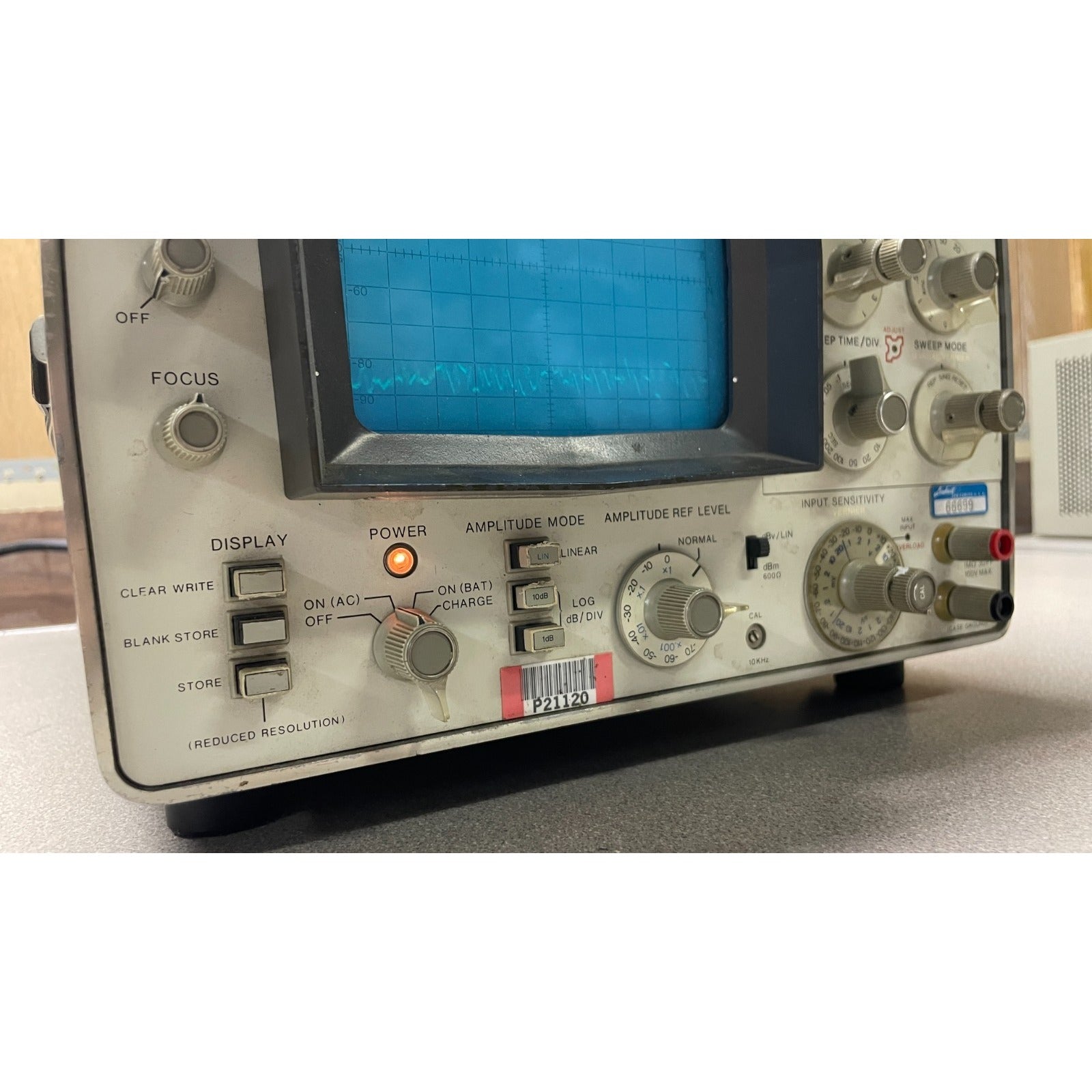 HP 3580A Spectrum Analyzer closeup of bottom front panel powered on