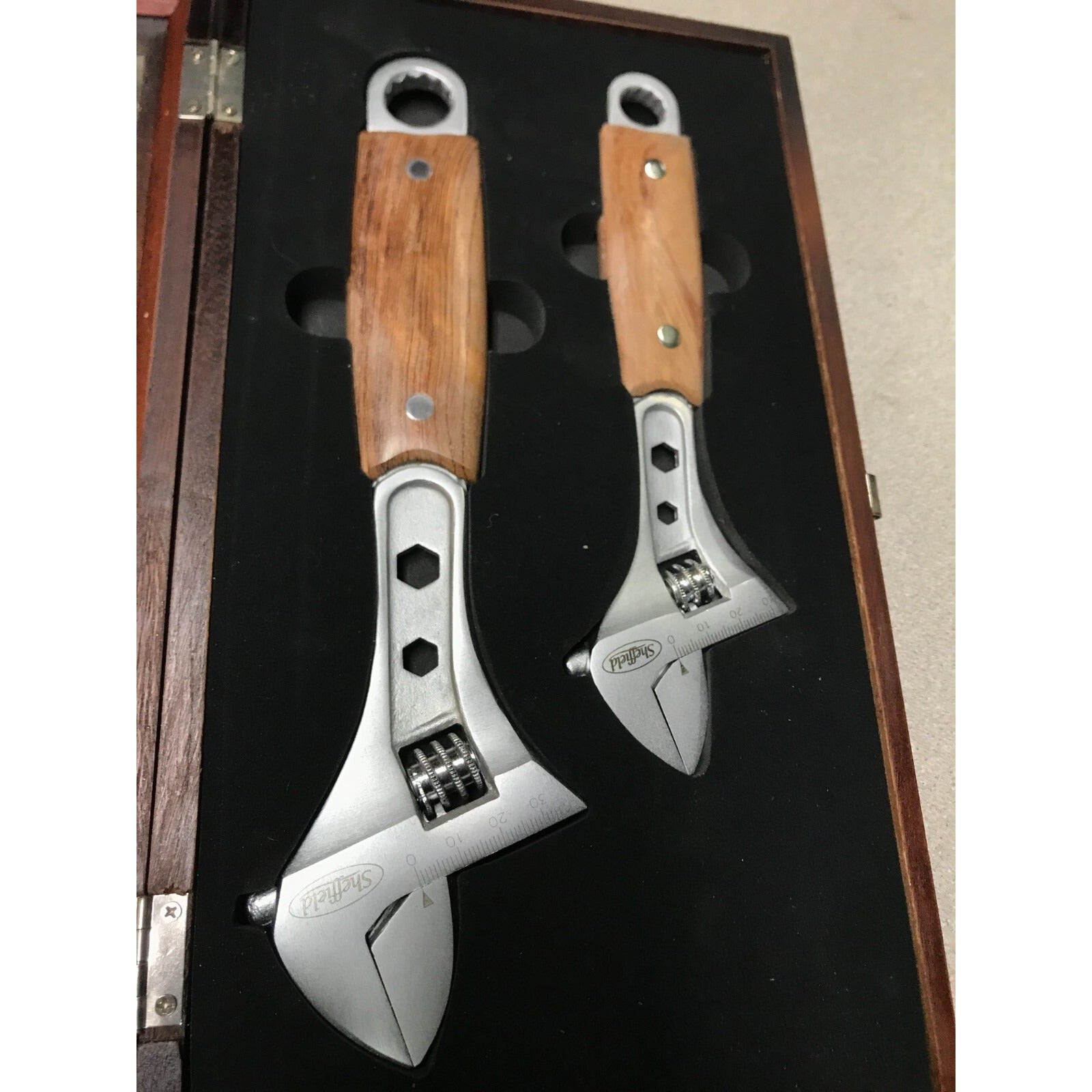 Sheffield Commemorative Wood Handle Adjustable Wrench Set of 2 in display case