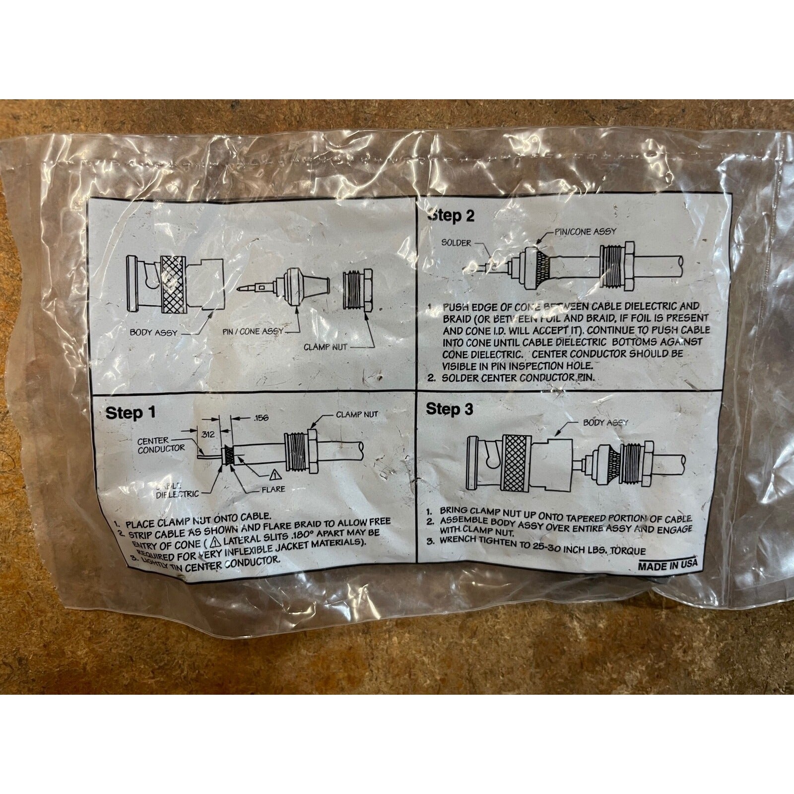 Trompeter Electronics BNC Wrench Crimp Connector back of package installation instructions
