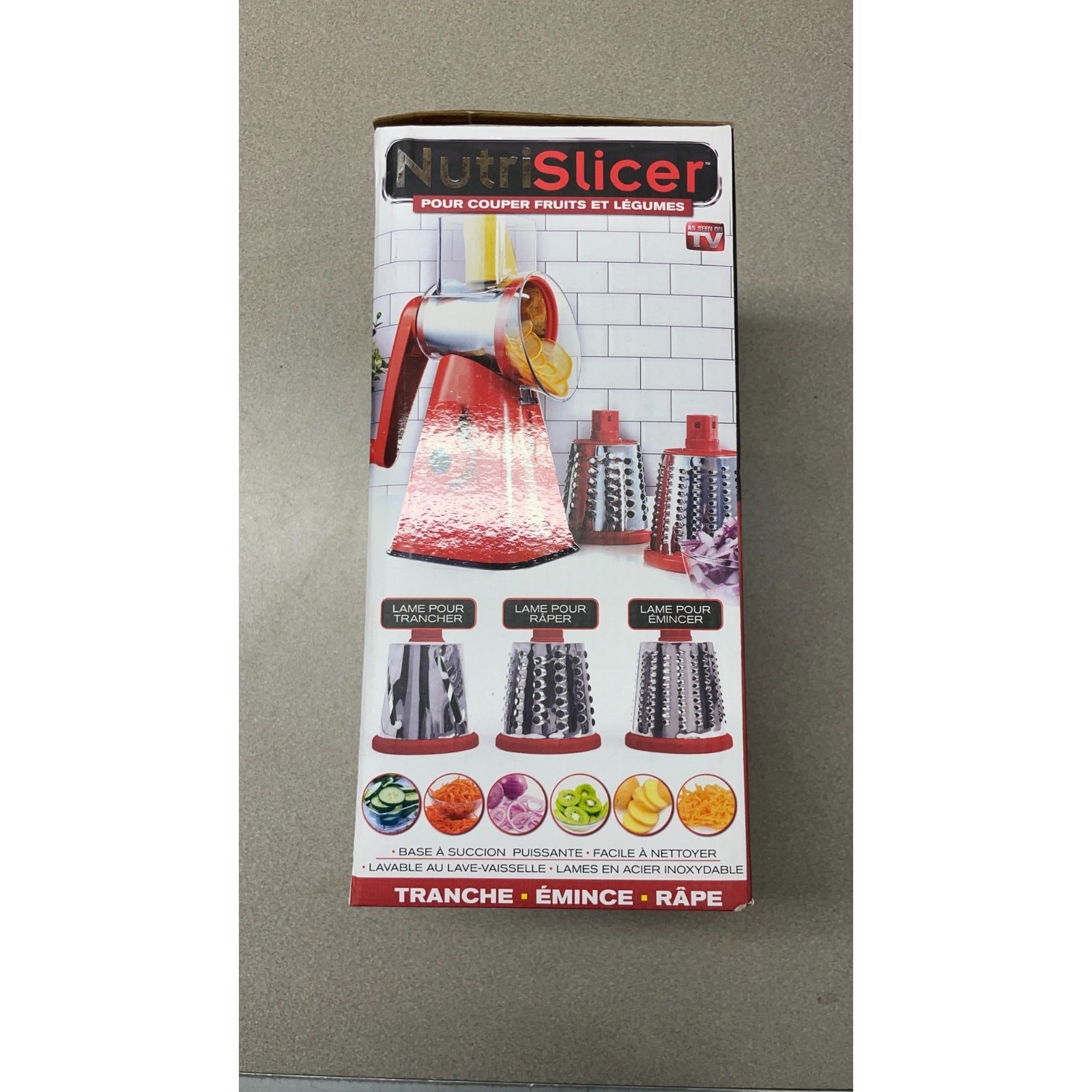 NutriSlicer Vegetable and Fruit Slicer back of package with images of product and accessory details