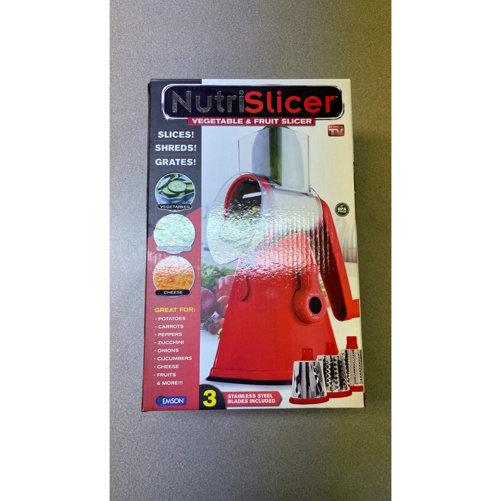 NutriSlicer vegetable and fruit slicer packaging on a gray surface