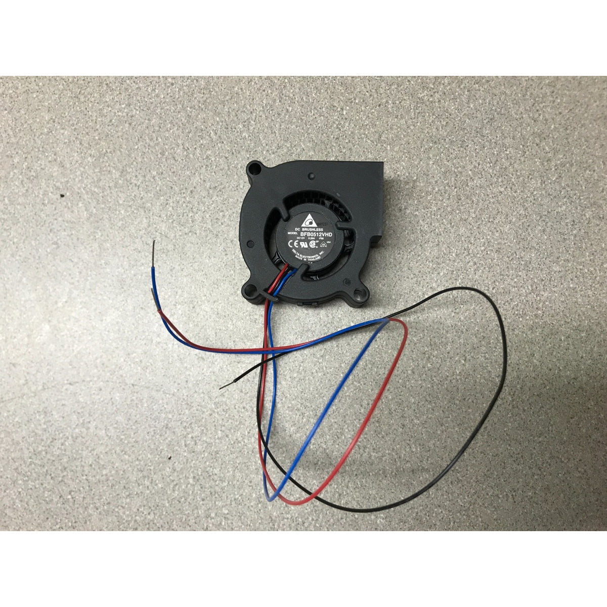 Delta DC Brushless BFB0512VHD Small 2 Pin Fan Blower 52.1 X 20MM 12 VDC front view showing wires and product label