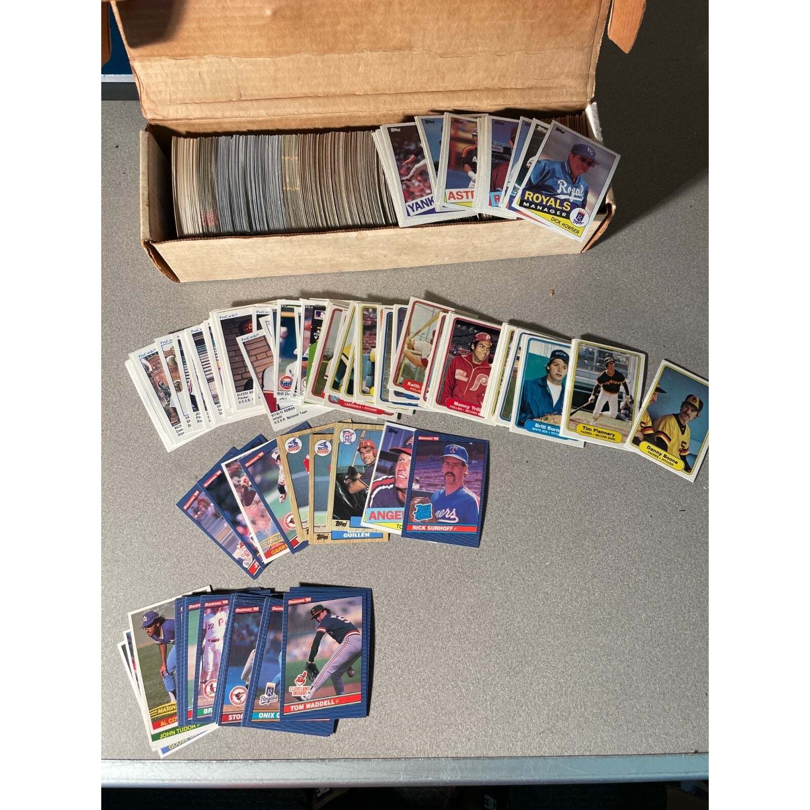Baseball Card Lot - Various cards, years and brands view of cards laid out and box