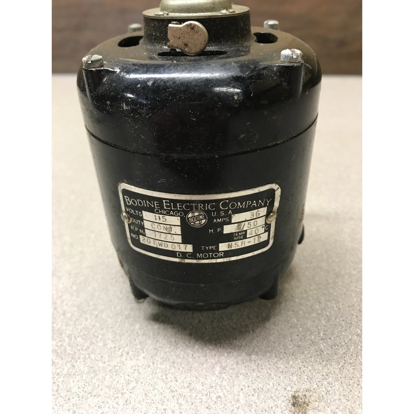 Bodine Electric Company DC Motor Type NSH-12, 115V, .36A, 1/50 HP, 1725 RPM, No. 201WD017 label view