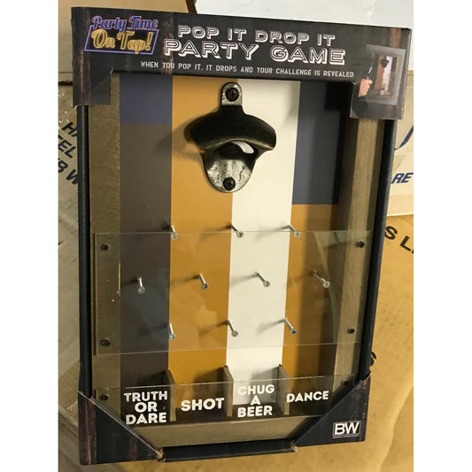 Boston Warehouse Pop It Drop It Party Game and Bottle Opener front of package