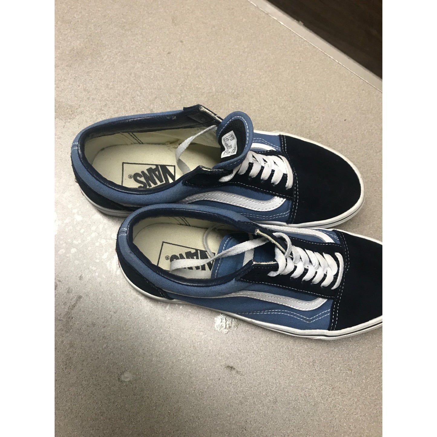 Vans Low Top Light and Dark Blue Canvas Shoe, US Men 7, US Woman 8.5, Lightly Used, 500714 top view of shoes fully laced