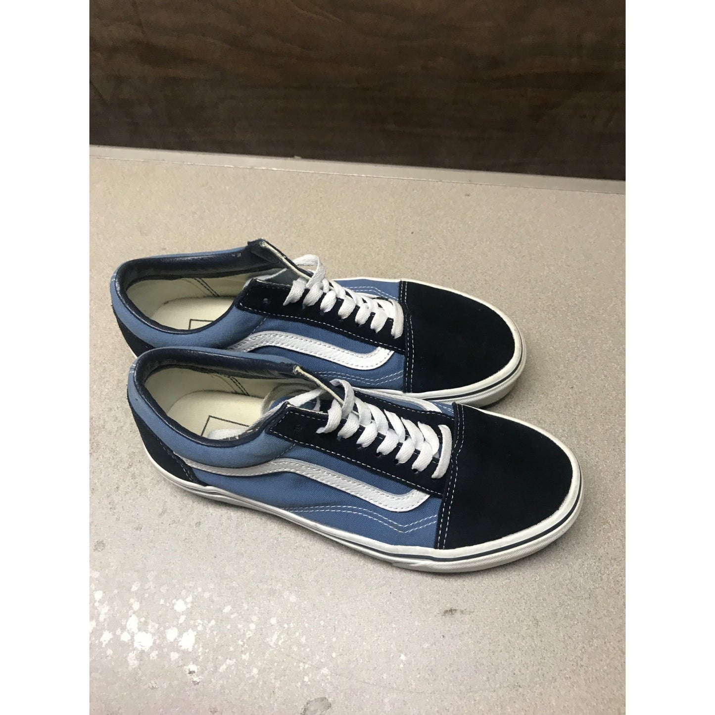 Vans Low Top Light and Dark Blue Canvas Shoe, US Men 7, US Woman 8.5, Lightly Used, 500714 top view