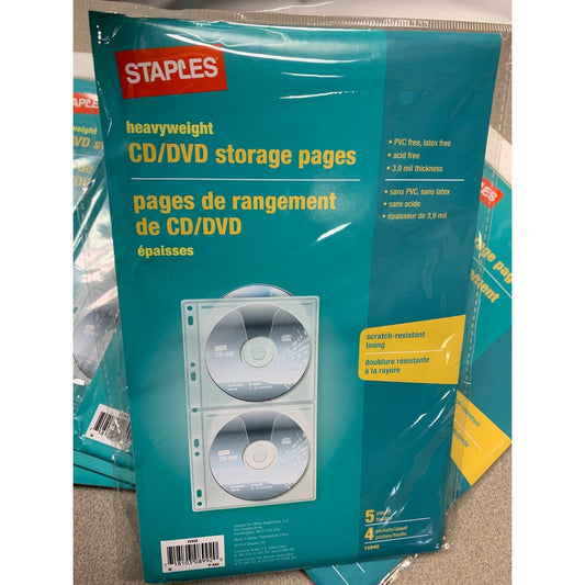 CD/DVD storage pages heavyweight with scratch resistant fabric lining front of package with image of product and details