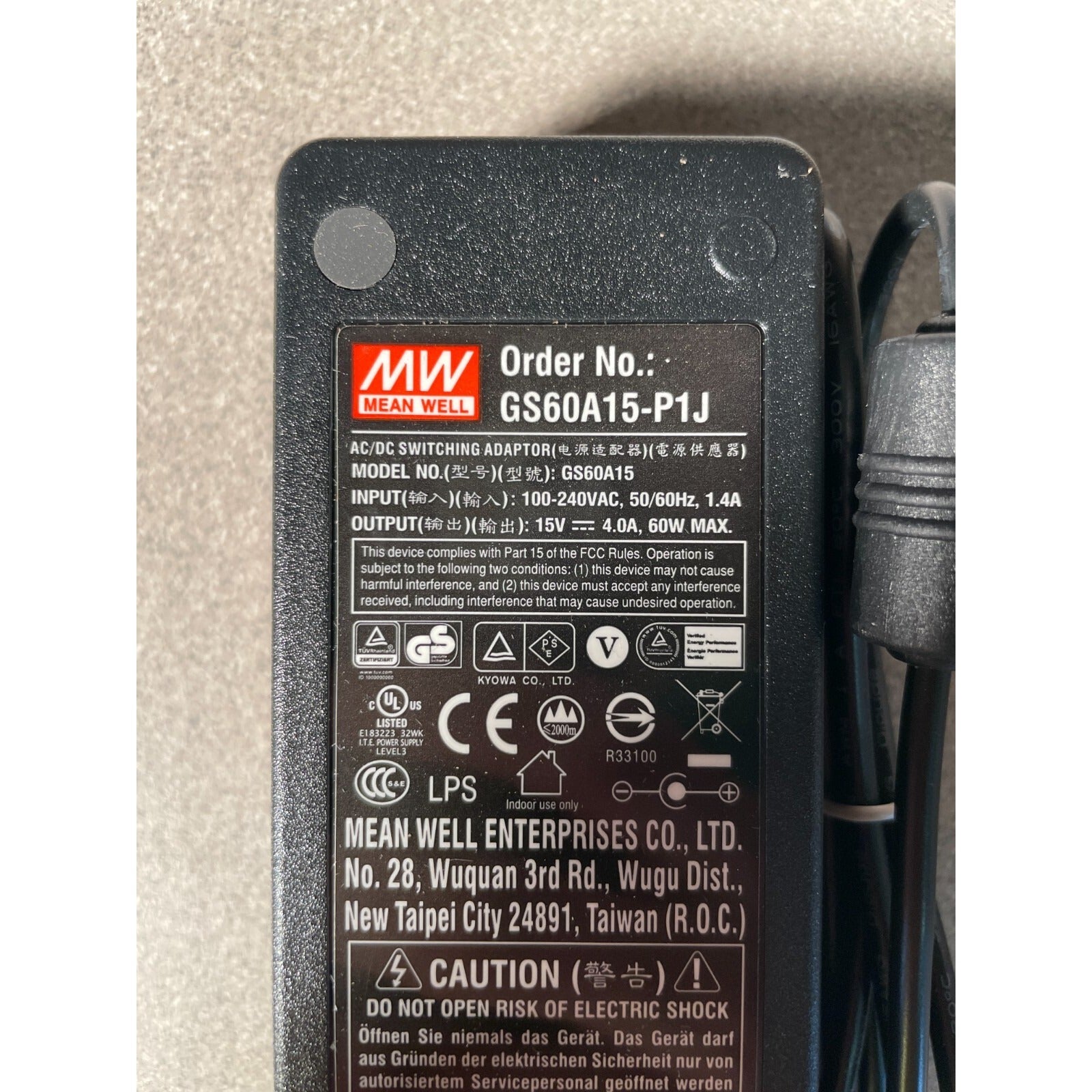 Mean Well GS60A15-P1J&nbsp;AC to DC Switching Adapter label closeup
