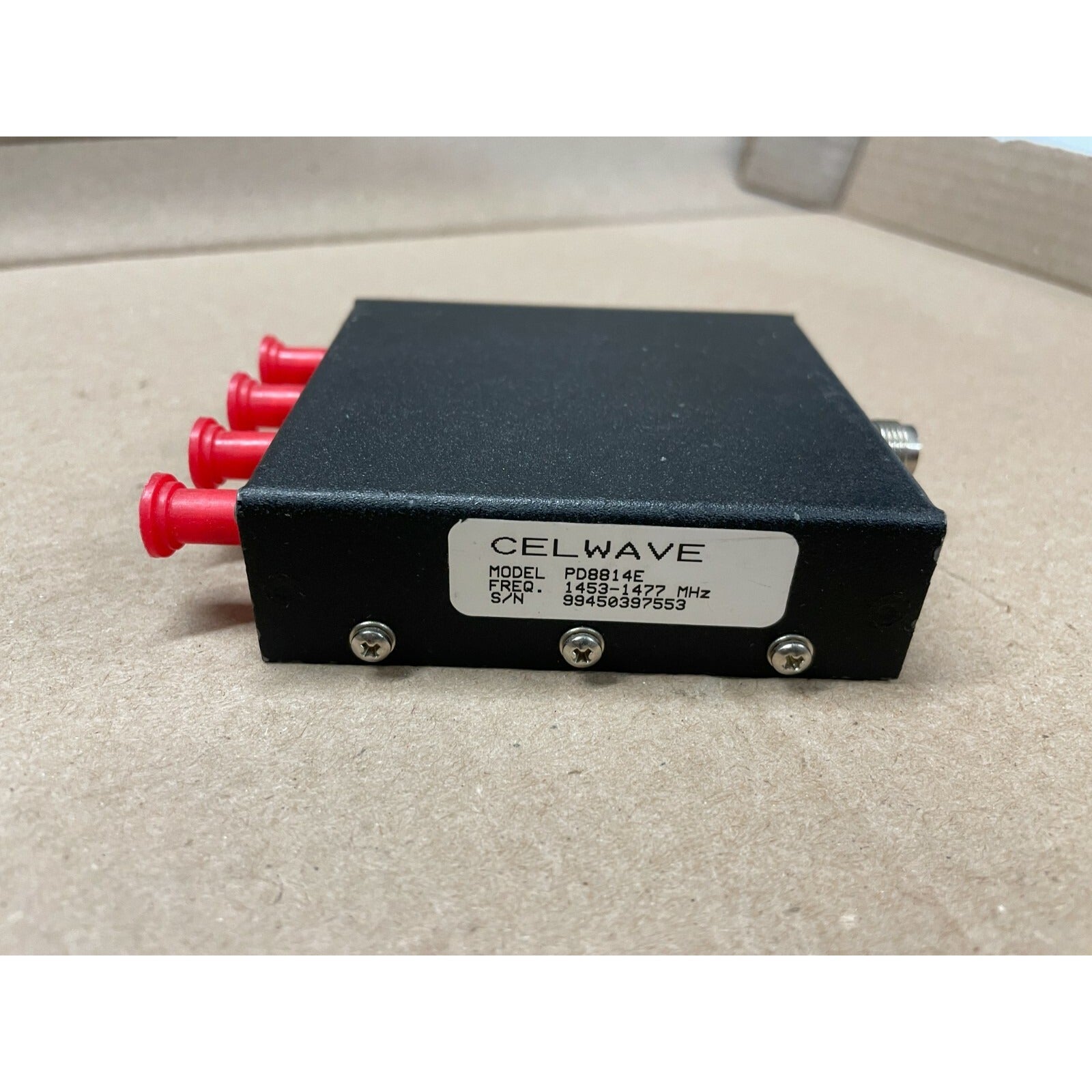 Celwave PD8814E TNC in to SMA 4-way Power Splitter 1453-1477 MHz side view with product label
