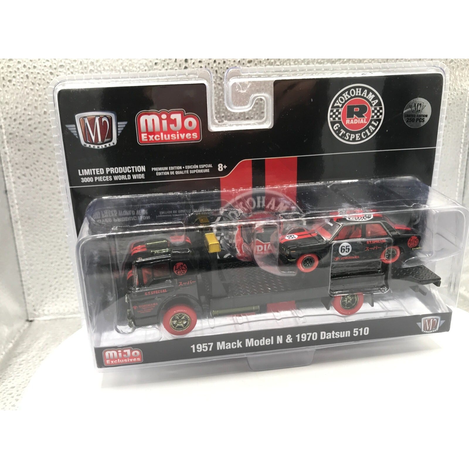 Chase Piece M2 Yokohama G.T. Special 250pcs Limited Edition - 1957 Mack Model N &amp; 1970 Datsun 510 front of package displaying cars