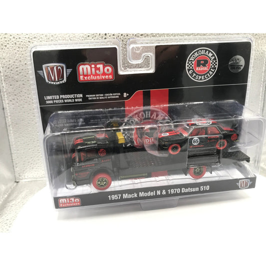 Chase Piece M2 Yokohama G.T. Special 250pcs Limited Edition - 1957 Mack Model N &amp; 1970 Datsun 510 front of package displaying cars