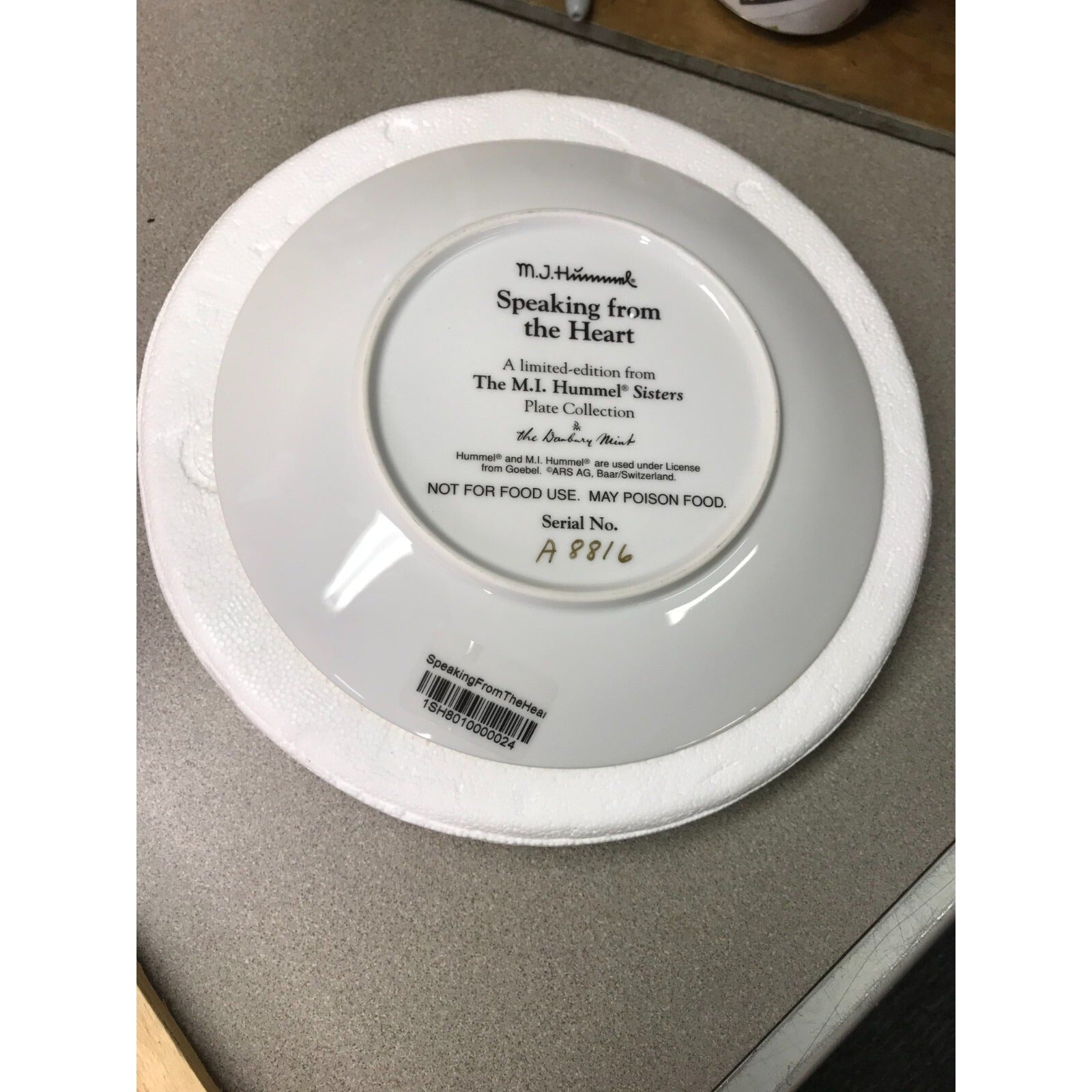MJ Hummel Sisters Plates "Speaking from the Heart," back of plate with product details and serial number Set of 4 Serial No. A8816