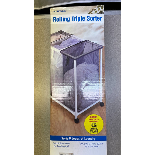 Dazz Laundry Rolling Triple Sorter 30in x 18in x 31in front of box