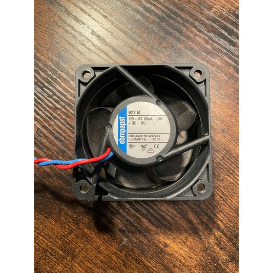 Ebmpapst 622 M DC Tube axial Fan 12VDC 83mA 1 Watt top view with wires and product label